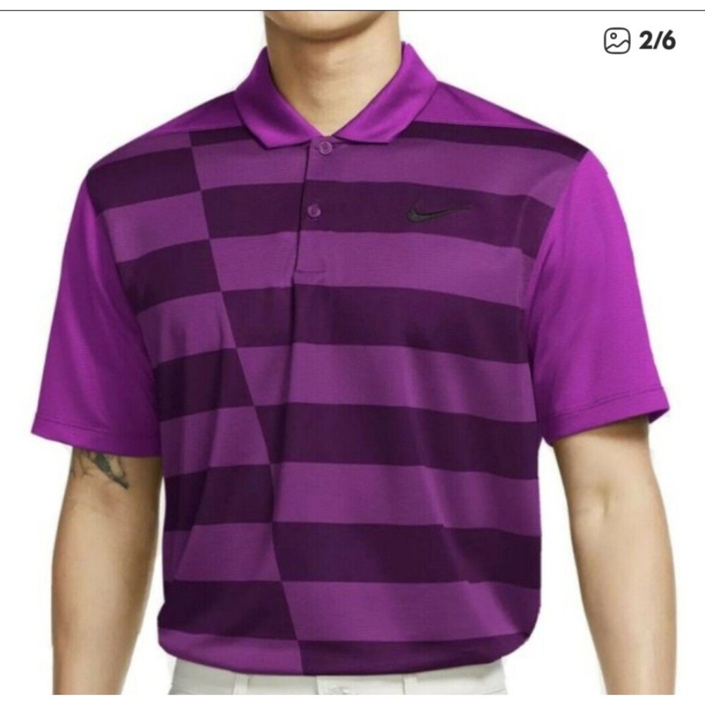Nike Dri Fit Essential Golf Polo Collared Shirt GRFX Purple Striped Men Med